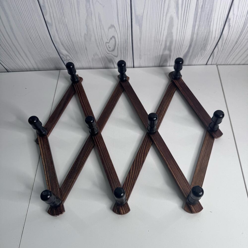 Vintage 10 Black Peg Dark Wooden Hat Coat Rack Accordian Cottagecore 12.5” H